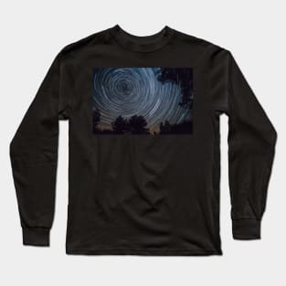 Starry night sky, startrails between trees landscape Long Sleeve T-Shirt